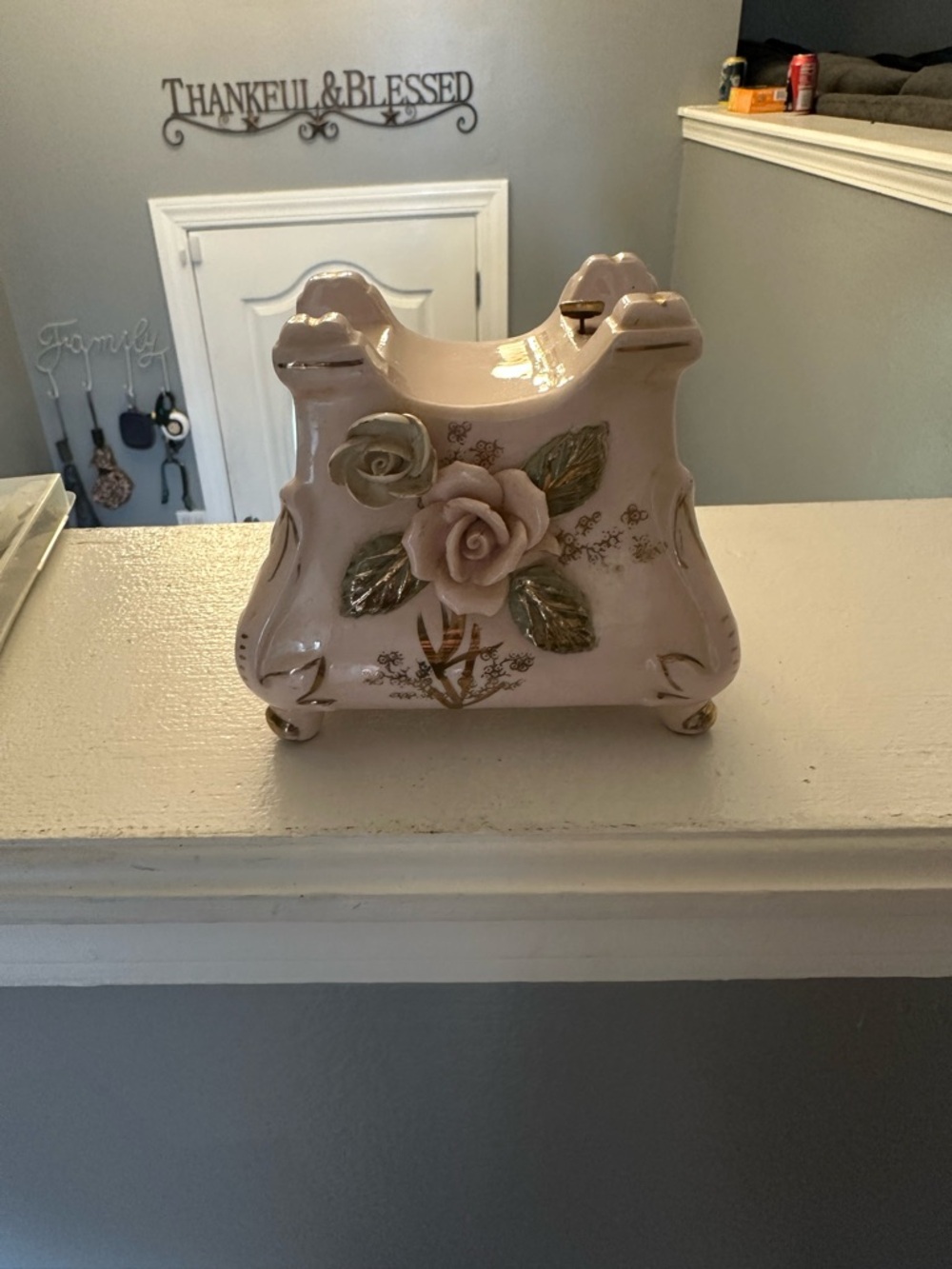 Vintage Pink Ceramic Rose Planter with Gold Accents